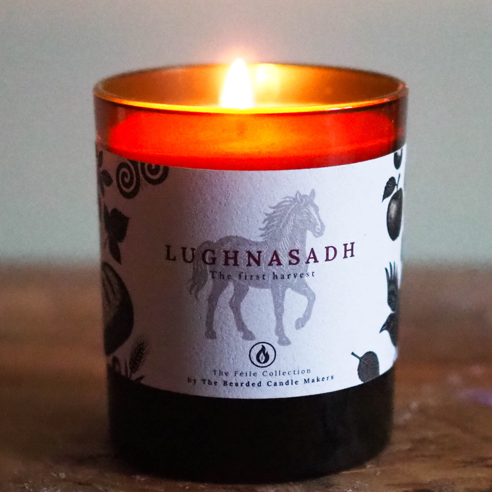 Handcrafted Irish soy candle inspired by Lughnasadh, the Celtic harvest festival.