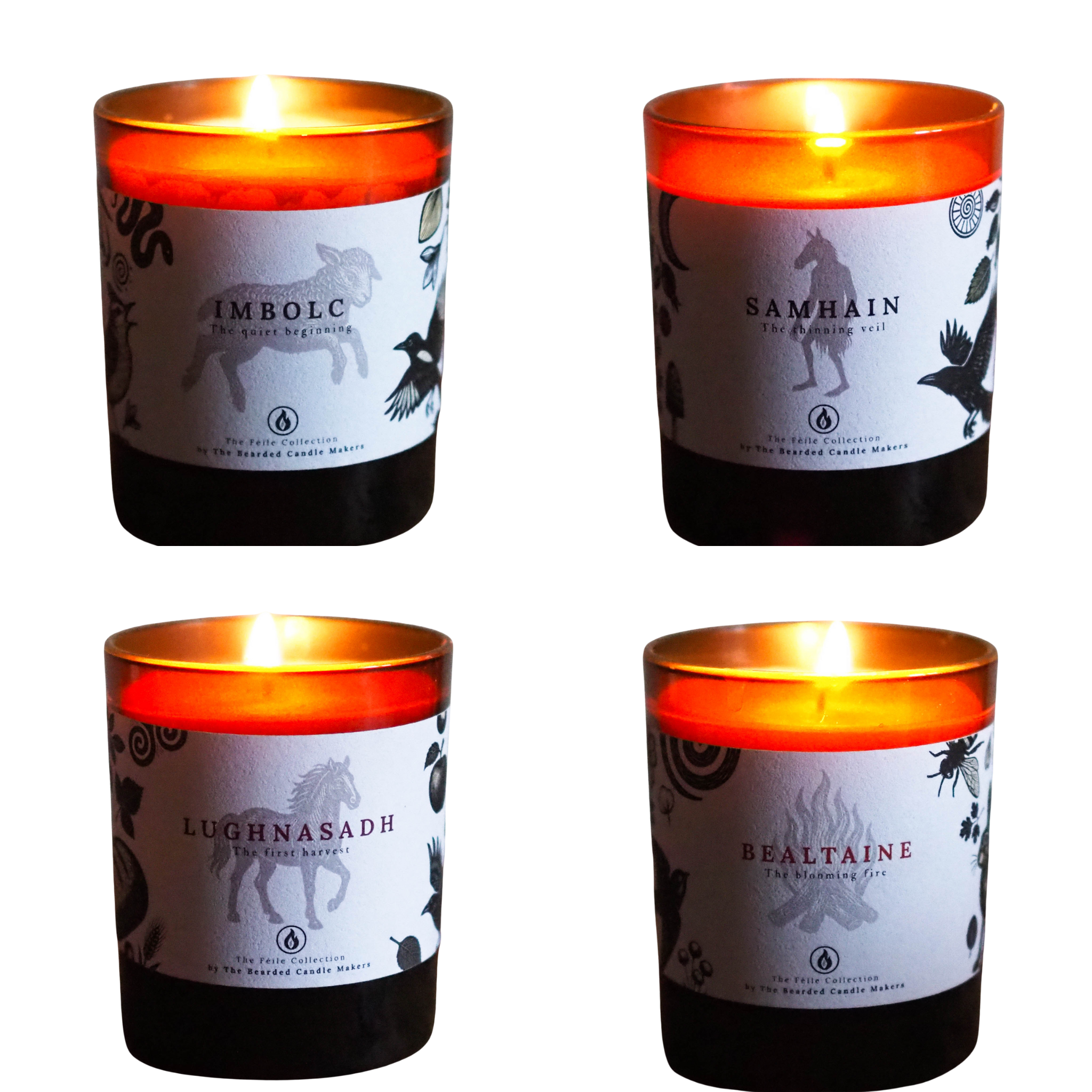 Beautifully packaged Irish candle subscription box featuring four seasonal Celtic festival candles, story cards, and prints