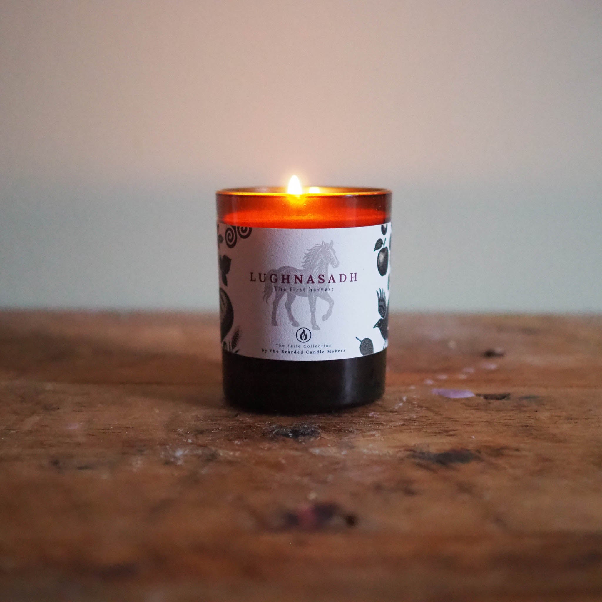 Eco-friendly Lughnasadh candle inspired by Irish folklore and the festival of Lugh.