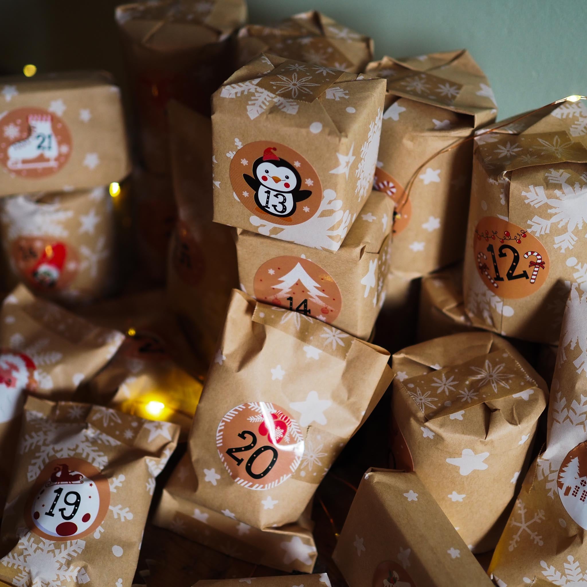  advent calendar with numbered brown paper PARCELS.
