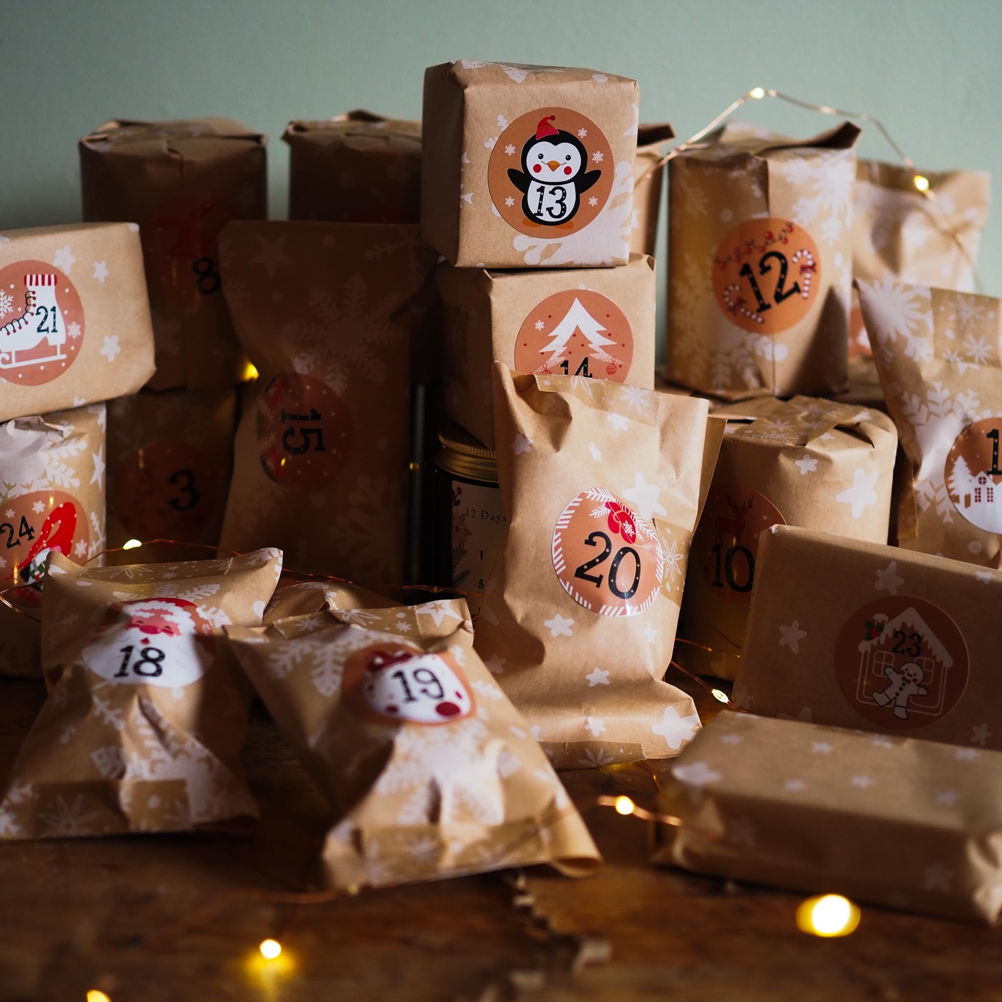  advent calendar with numbered packages on a wooden surface