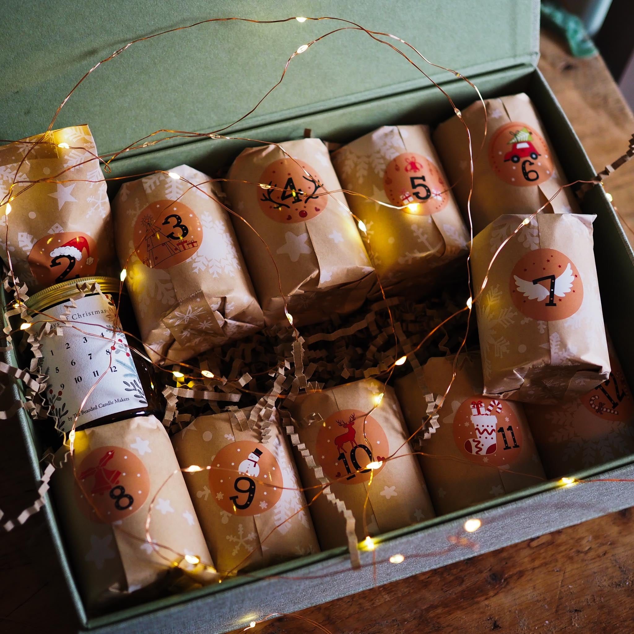 12 Days of Christmas candle advent gift box with Irish-made full-size candles and eco packaging